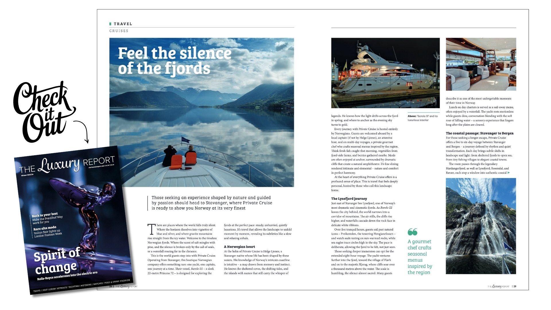 Private Cruise featured in The Luxury Report magazine, pages 28–30