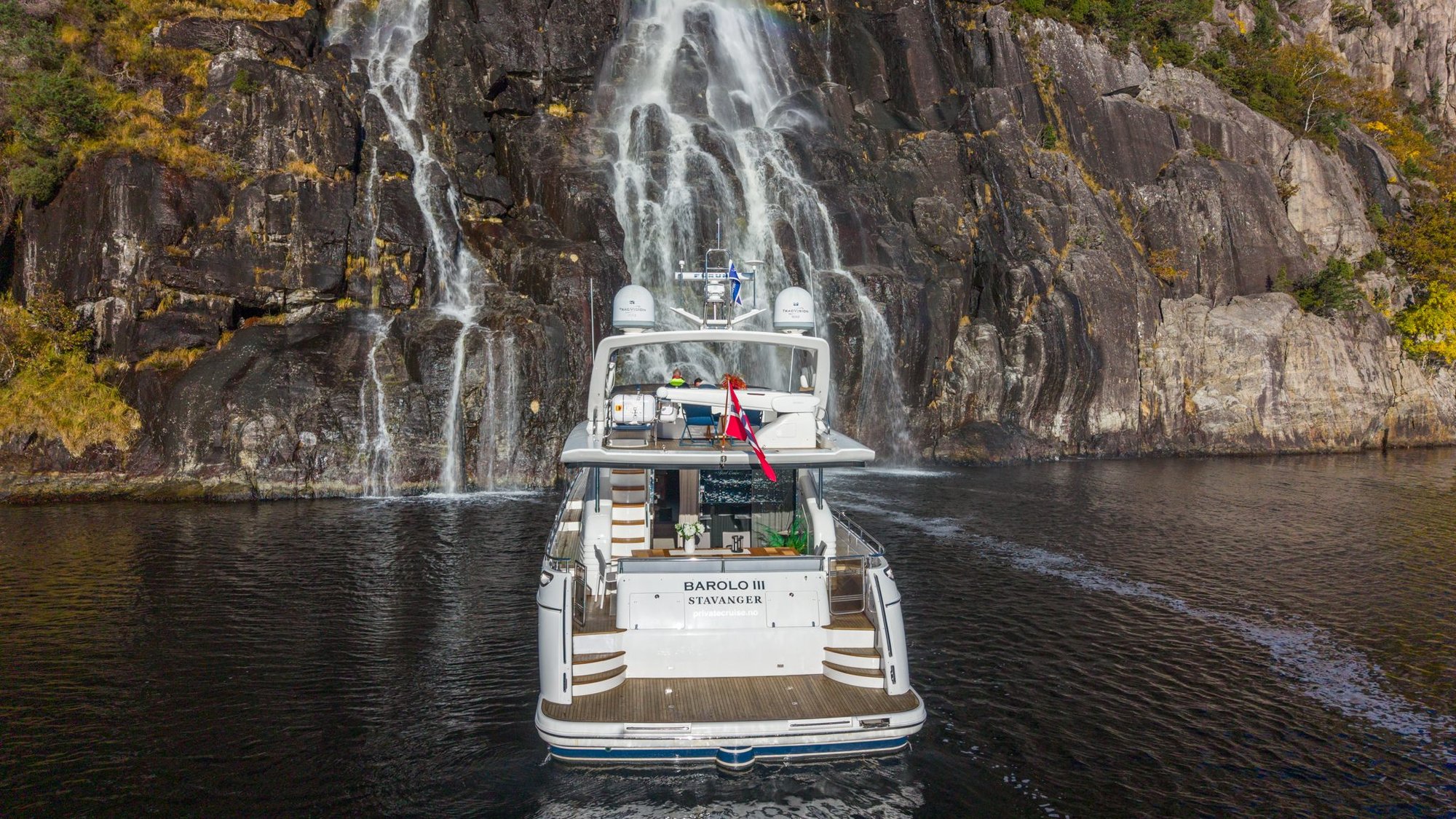 Barolo III beneath a waterfall in the inner Lysefjord
