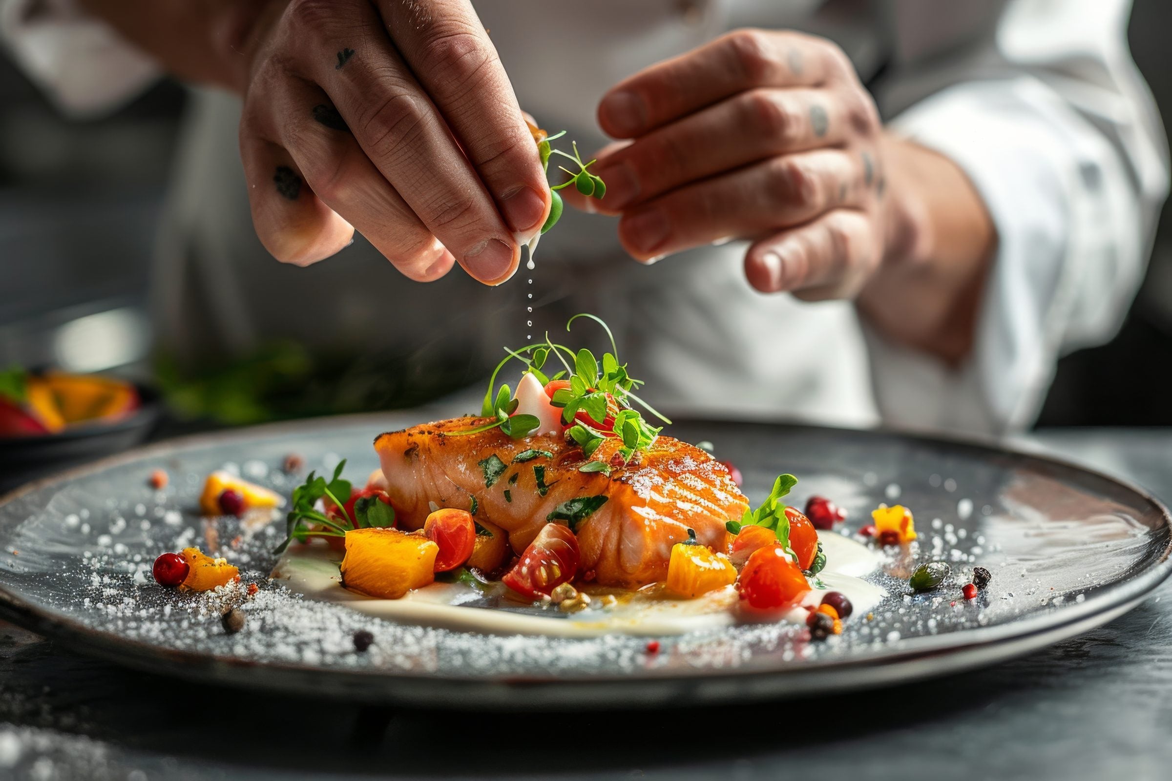 The chef finishing a plate on board